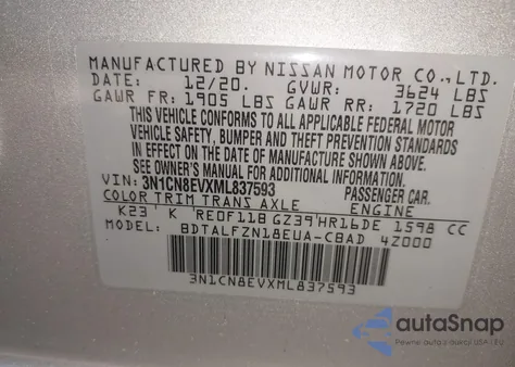 2021 Nissan Versa Sv Xtronic Cvt from USA, damaged, VIN 3N1CN8EVXML837593